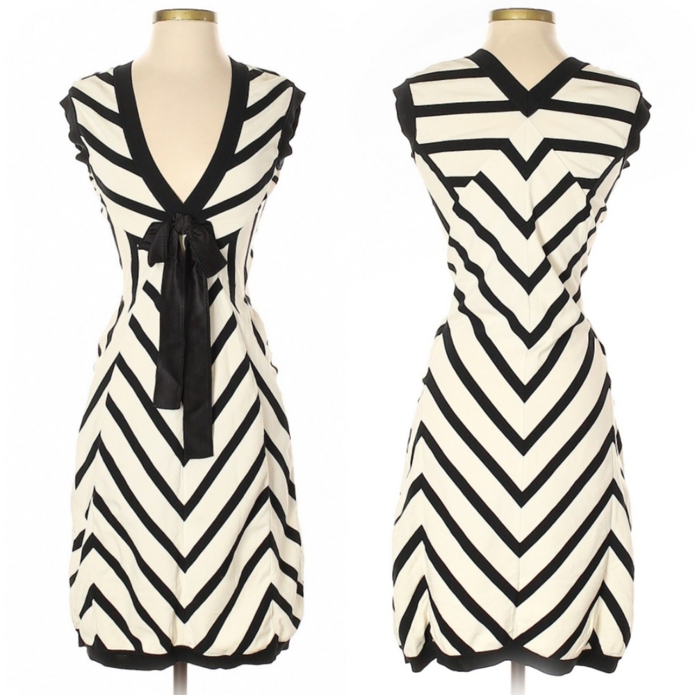 Louis Vuitton Black Cream Silk Striped Bow Dress